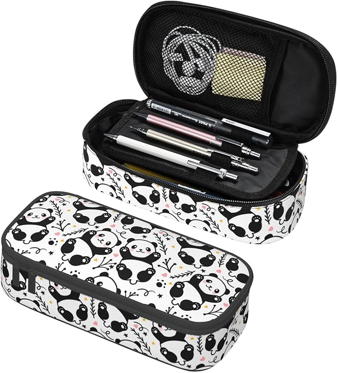 Cute Panda Large Pencil Case With Zipper Compartments Stationery Pencil Bag For Kids Teens Students School Supplies