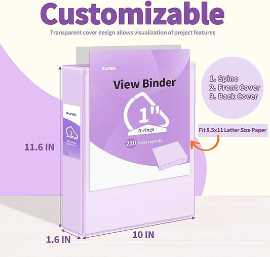SUNEE 3 Ring Binder 1 Inch D Ring, Clear View Binder Three Ring PVC-Free (Fit 8.5x11 Inches) for School or Office Supplies, Purple, 2 Pack