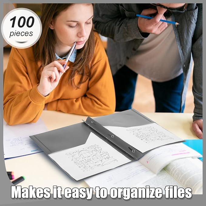 Lincia 100 Pcs Plastic Folders with Pockets and Prong Folders with Prongs Plastic Folders with 2 Pockets Pocket Folders for Office, School for Students, Teachers, Office Workers (Gray)