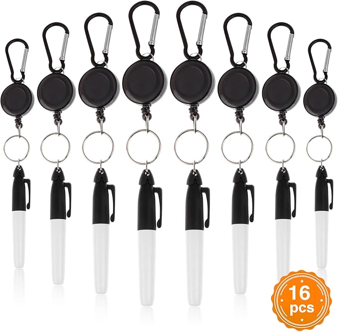 32 Pcs Mini Permanent Markers with Cap Clips Retractable Pen Reel Golf Ball Marker Pen Dry Erase Markers with Triangle Hook Golf Keychain Clips for Badge Black Ink Pens for Office School,Fine Point