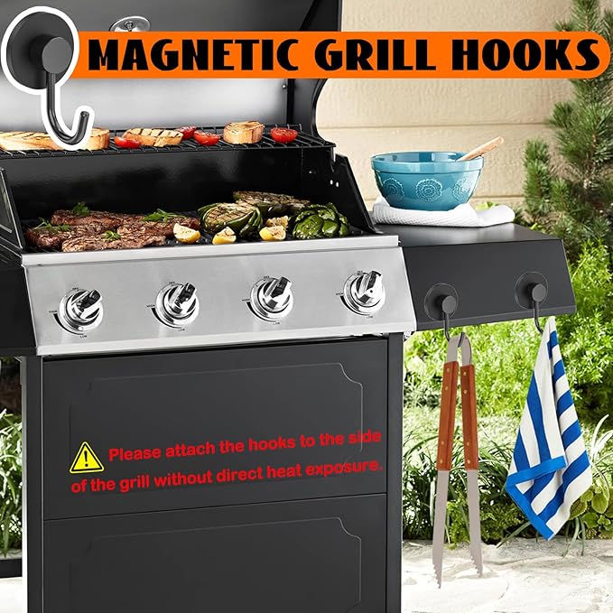 Magnetic Grill Hooks, Strong Magnetic Hook for Grill, Heavy Duty Magnet Hanger for Utensils, Powerful Magnet Hooks for BBQ Tools Refrigerator Toolbox Locker Kitchen Office, 4 Pack