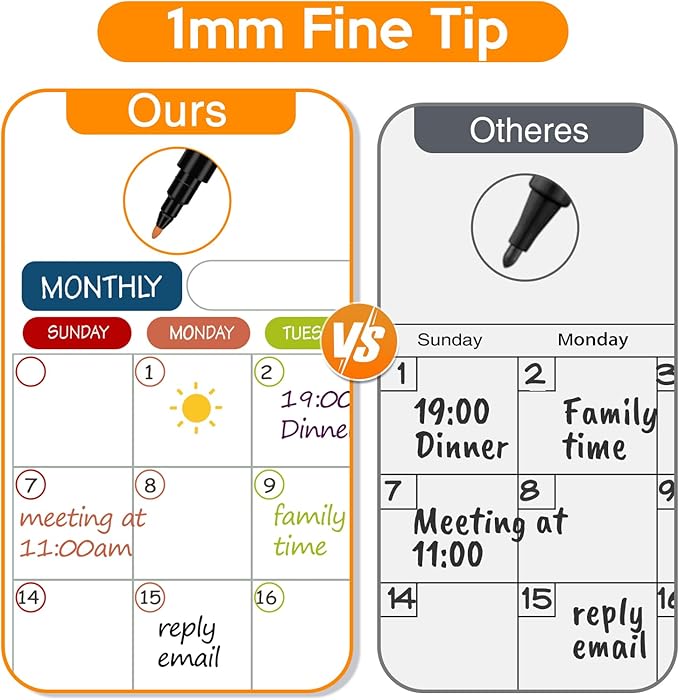 Magnetic Dry Erase Markers - 12 Pack Colorful 1mm Fine Tip Whiteboard Markers with Eraser for Kids Teachers, Low Odor Fine Markers for Dry Erase Boards, Calendars, Mirrors
