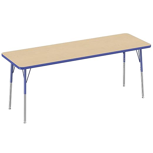 Factory Direct Partners FDP Rectangle Activity School and Office Table (24 x 72 inch), Standard Legs with Swivel Glides, Adjustable Height 19-30 inches - Maple Top and Blue Edge