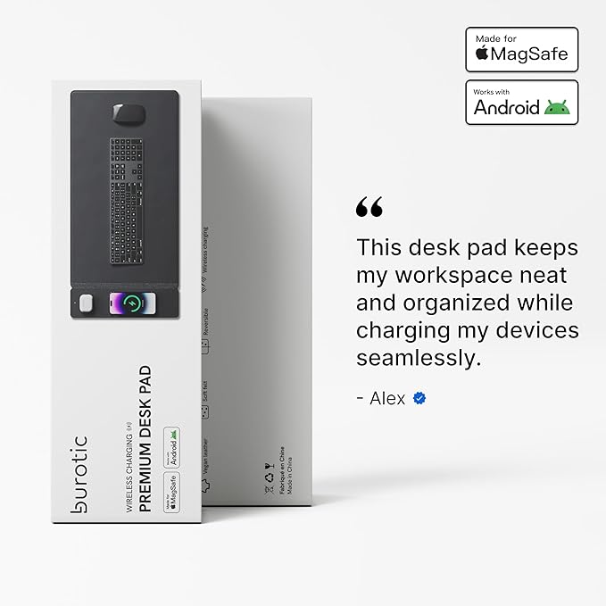 Wireless Charging Desk Pad, Large Non-Slip Reversible Felt & Vegan PU Leather Desk Mat, Waterproof, Detachable Magnetic Panel - Organize, Charge 2 Devices, Apple & Android Compatible - Black