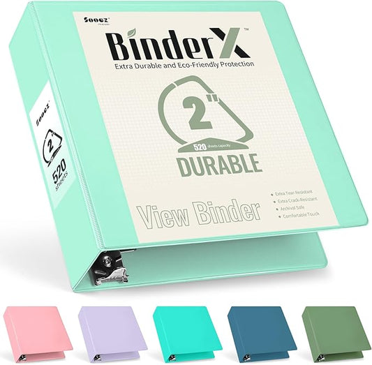 Sooez BinderX Extra Durable 2 Inch 3 Ring Binder, D-Ring Large Binder, Holds 520 Sheets of 8.5x11 Paper, Customizable View Cover with Inside Pockets, Heavy Duty 3 Ring Binder for School, Light Green
