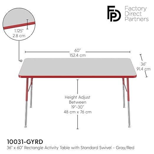 FDP Rectangle Activity School and Office Table (36 x 60 inch), Standard Legs with Swivel Glides, Adjustable Height 19-30 inches - Gray Top and Red Edge