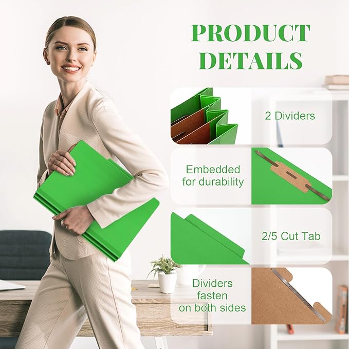 48 Pcs Classification Folders Letter Size, 2 Divider Pressboard File Folders with 3. 5 Inch Expansion, 2 Prongs Fastener, Heavy Duty Office File Organizers for Teachers, Medical (Green)