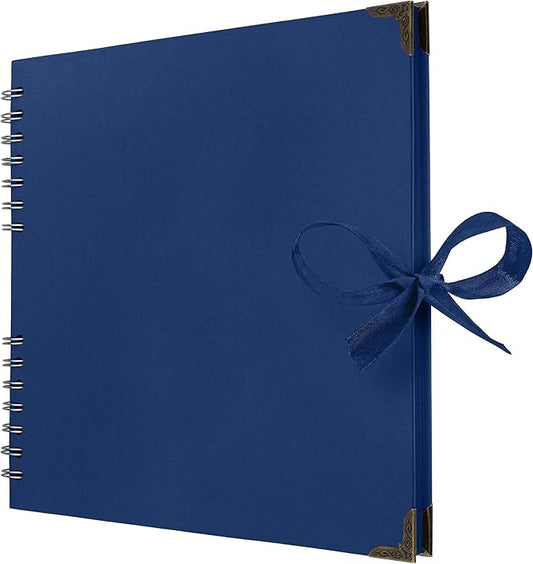 Bstorify 10 x 10 Inches Scrapbook Album 70 Pages Blue Thick Kraft Paper Corner Protectors, Ribbon Closure - Ideal for Your Scrapbooking, Art & Craft Projects (Blue, 10 x 10 Inch)