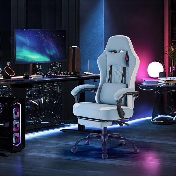 Sweetcrispy Computer Gaming Chair - High Back Ergonomic Desk Chair with Footrest and Lumbar Support, Height Adjustable Task Chair with Linkage Armrests and Headrest, 360° Swivel Wheels, Blue