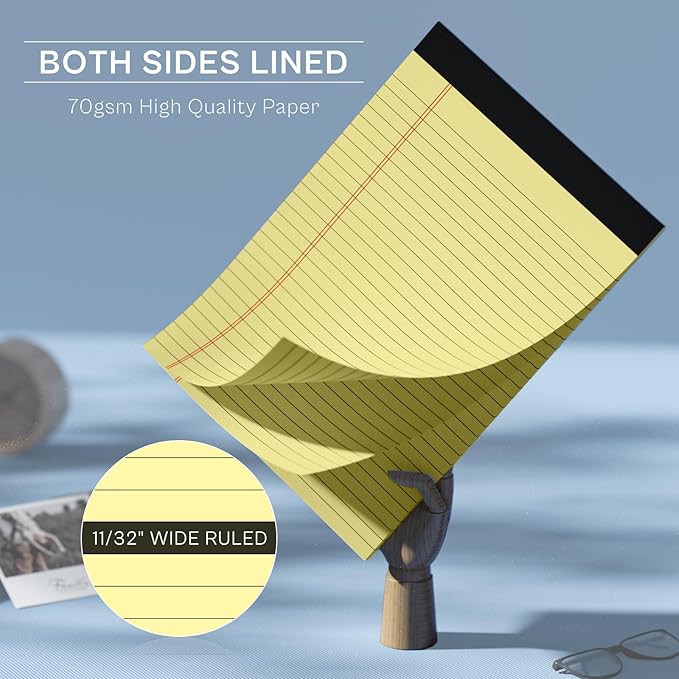 10 Pack Yellow Legal Pads 8.5x11" 28 Lines Wide Ruled Double-Sided Printing Yellow Notepads 30 Sheets/60 Pages Letter Size Writing Pads 70gsm Recycled Paper Legal Ruled Universal Writing Pad