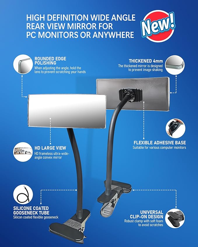 Clip-On Security Mirror to See Behind You - 6.7" x 3" Convex Cubicle Mirror for Personal Safety, 360° Adjustable Rear View Monitor for Desk, Office, Warehouse & Workplace Security - 12in