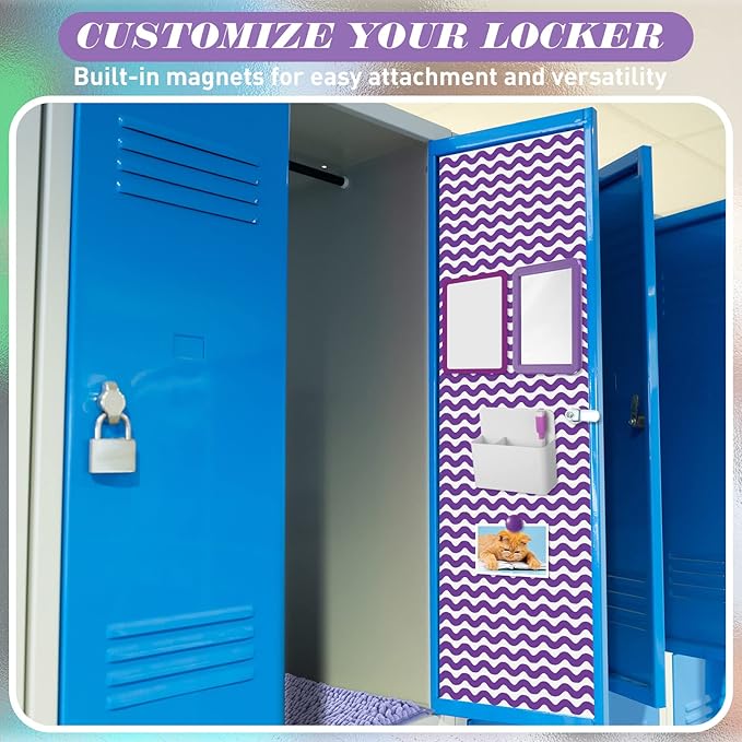 Timgle 8 Pcs Magnetic Locker Set Including Magnetic Wallpaper Mirror Locker Organizer Carpet Whiteboard Dry Erase Marker Accessories for Office School Supplies(Purple,Wavy Style)