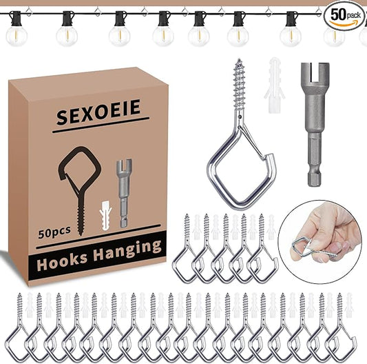 50 PCS Sliver Eye Screw Hooks for Hanging Heavy Duty with Safety Buckle.Metal Ceiling Hooks for Hanging Plants Cup Wind Chime Bird Feeders Patio Lights at Indoor&Outdoor