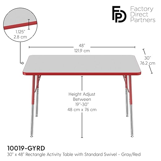 FDP Rectangle Activity School and Office Table (30 x 48 inch), Standard Legs with Swivel Glides, Adjustable Height 19-30 inches - Gray Top and Red Edge