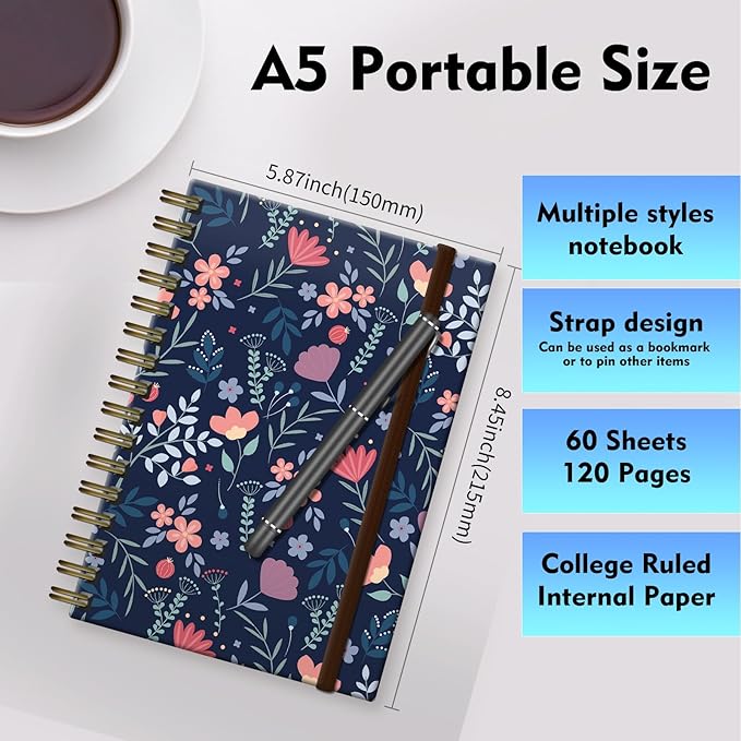 Bansutay Spiral Journal Notebook, A5 Cute Notebooks for Women Men, College Ruled Hardcover Notebook for Work & Note Taking, 60 Pages Double-Wire Journals for Writing (Pink Flower)