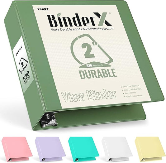Sooez BinderX Extra Durable 2 Inch 3-Ring Binder, Holds 520 Sheets of 8.5x11 Paper, Customizable View Cover with Inside Pockets, Heavy Duty Binder for School, Olive Green