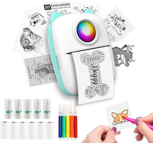 Sticker Printer, Inkless Portable Maker Machine with 11 Rolls Paper, Mini Printer Pocket Thermal Bluetooth Machine with Multiple Templates for Study Notes, Photo, DIY, Gifts for Girls Kids