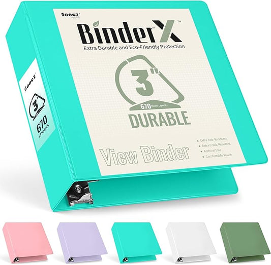 Sooez BinderX Extra Durable 3 Inch 3 Ring Binder, D-Ring Large Binder, Holds 670 Sheets of 8.5x11 Paper, Customizable View Cover with 2 Inside Pockets, Heavy Duty 3 Ring Binder for School, Teal