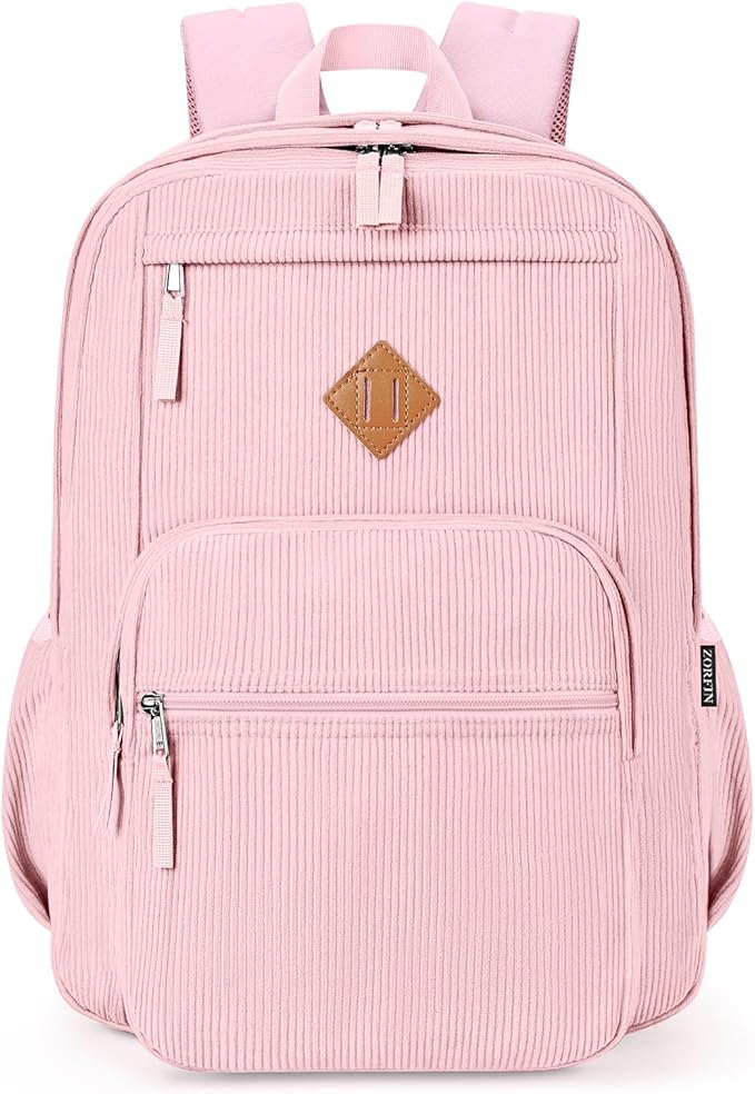 ZORFIN 26L Backpack for School, College, and Travel: Corduroy Bookbag with 8 Compartments - Light Pink