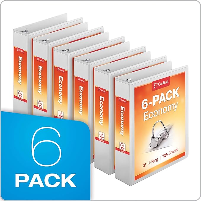 Cardinal Economy 3-Ring Binders, 3", Slant-D Rings, Holds 725 Sheets, ClearVue Presentation View, Non-Stick, White, Case of 6 (90771)