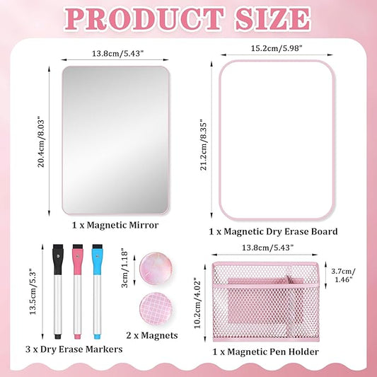 8PCS Pink Locker Accessories for Girls with Magnetic Mirror & Whiteboard, Magnetic Pen Holder, Dry Erase Markers, Magnets, Cute Locker Organizer & Decorations for Back to School Essentials
