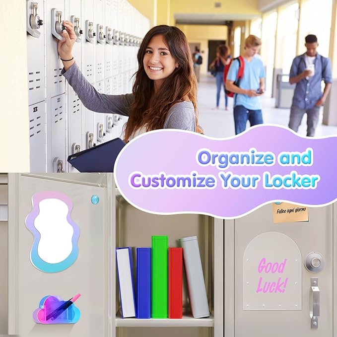 MoKo Locker Accessories Set, 5 in 1 Back to School Supplies College Essentials Includes Magnetic Acrylic Board, Locker Mirror, Markers Holder,Marker Pens and Locker Magnets
