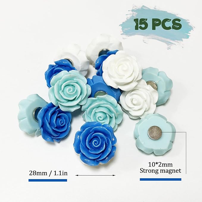 15 pcs - Cute Flower Magnet, Blue Rose Magnet for Fridge and Locker, Whiteboard, and Decoration(15 pcs - Rose - Blue)