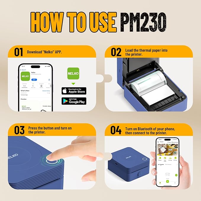 Nelko Sticker Printer, PM230 Print Pod Mini Bluetooth Portabel Sticker Maker with 3 Rolls Paper, Print Pods Mini Printer with Multiple Templates for Phone & Tablet，for School Office Home, Blue