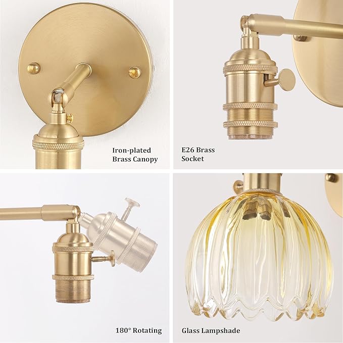 Vintage 5000 mAh Battery Operated Wall Sconce with Yellow Clear Tulip Gradient Glass Lampshade Rechargeable Battery Powered Wall Light with Remote Control for Bedroom, Set of 2