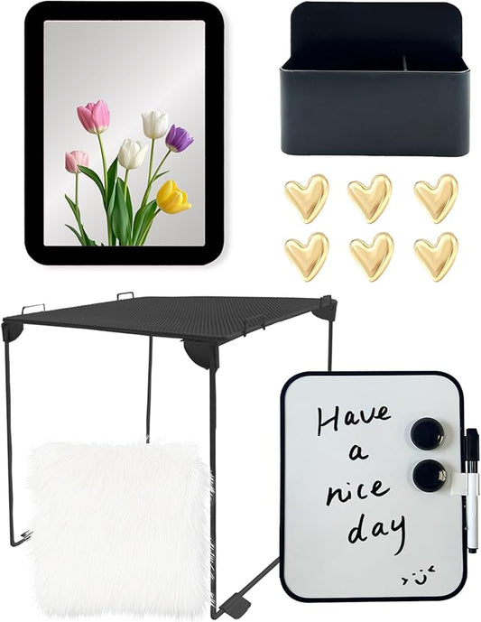 14 Pcs Locker Accessories Kit with Locker Shelf Locker Organizer for Girls, Magnetic Whiteboard Magnet Locker Mirror Rug Pen Holder Heart Magnets, Back to School Kit for Locker Decor Office (Black)