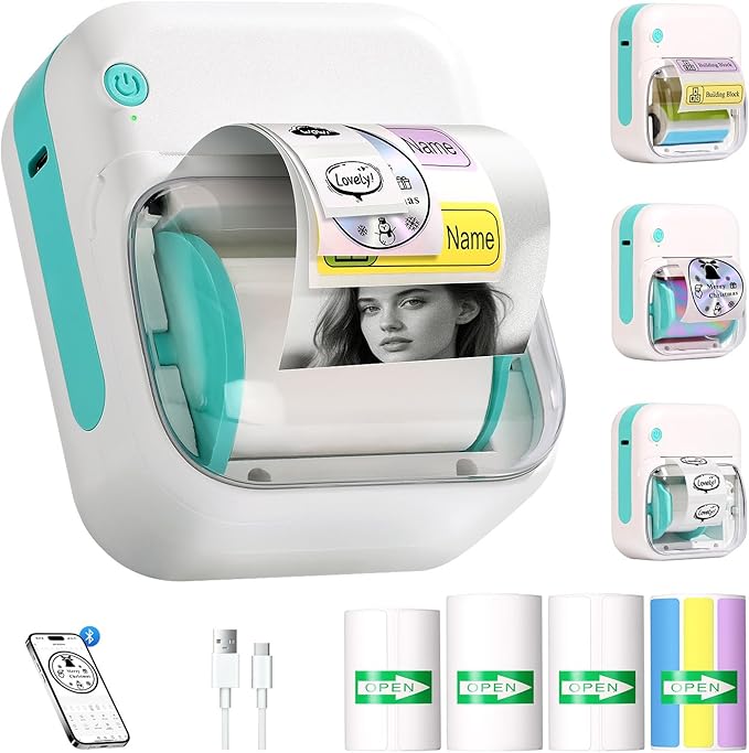 Mini Printer Portable Bluetooth Thermal Label Printer – Wireless Mini Label Maker w/4 Sticker Label Rolls,See-Through Label Window, High-Resolution Print for Home, Office, Travel