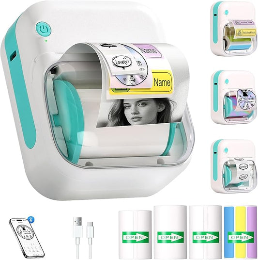 Mini Printer Portable Bluetooth Thermal Label Printer – Wireless Mini Label Maker w/4 Sticker Label Rolls,See-Through Label Window, High-Resolution Print for Home, Office, Travel