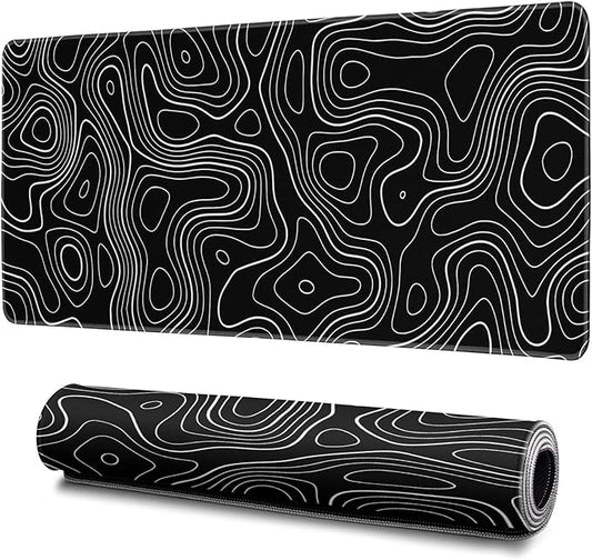 Topographic Contour Gaming Mouse Pad Black Large Mouse Pad for Keyboard and Mousepad Desk Mat with 3mm Non-Slip Base and Stitched Edge for Gaming and Office Computer Mat Protector Mat 31.5x11.8 Inch