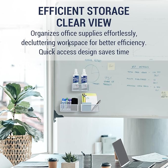 MyGift White Wire Mesh Magnetic Storage Baskets, Whiteboard Accessories, Classroom and Office Supply Organizer, Set of 3