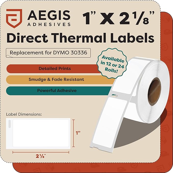 Aegis Adhesives - Compatible Multipurpose Labels Replacement for DYMO 30336 (1" X 2-1/8") Address & Barcode - Use with Labelwriter 450, 450 Turbo, 4XL Desktop Printers (12 Rolls)