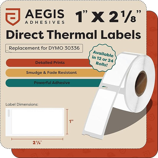 Aegis Adhesives - Compatible Multipurpose Labels Replacement for DYMO 30336 (1" X 2-1/8") Address & Barcode - Use with Labelwriter 450, 450 Turbo, 4XL Desktop Printers (12 Rolls)
