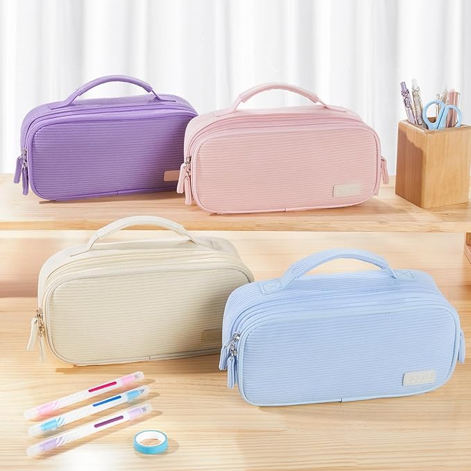 Sooez Large Pencil Case Pouch, Soft Corduroy Pencil Bag with Handle, Cute Pen Case, 5 Compartments, Wide Opening Pen Pouch Organizer with Zipper, Aesthetic School Supplies for Girls Women, Blue