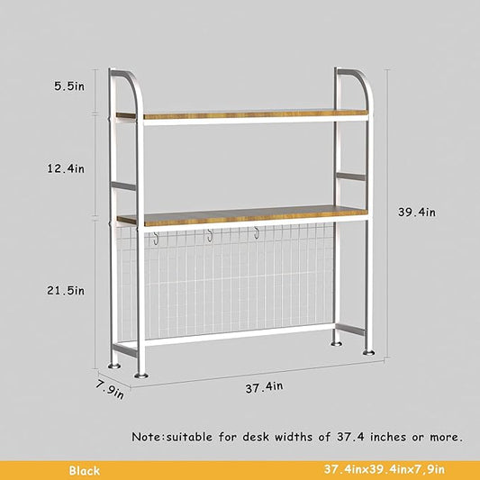 2-Tier Desktop Hutch Bookshelf - Metal Desk Shelf Bookcase with Grid Panel, Countertop Storage Organizer Rack for Dorm or Office, White, 37.4" W