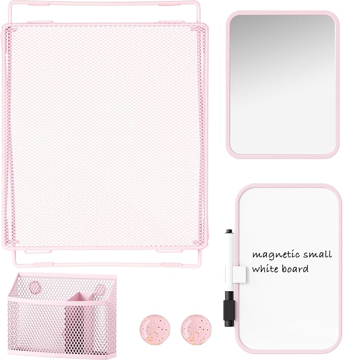 Pink Locker Accessories with Locker Shelf, Magnetic Mirror, Magnetic Pen Holder, Magnetic Small Whiteboard, Back to School Essentials Locker Decorations, 7 Piece Locker Organizer for Work