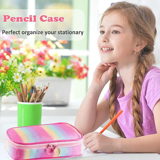 Glitter Rainbow Pencil Case for Girls, Large Capacity Pencil Pouch Pen Bag Organizer with 3 Compartments for Kids Student School Office Supplies, Cute Pencil Holder Pen Box (Glitter Rainbow)