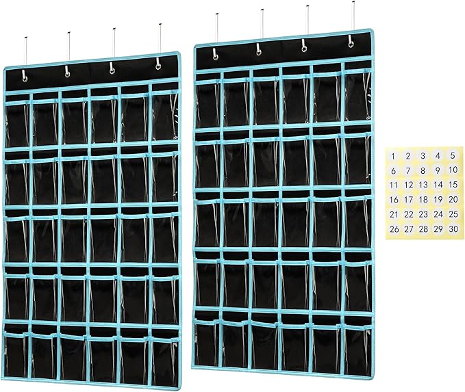 KEEPJOY Classroom Pocket Chart Organizer,Cell Phones Calculator Holder for Classroom with 30 Clear Pockets and Number Sticker Size 33.5x 24.5 Inch (2pack-black)