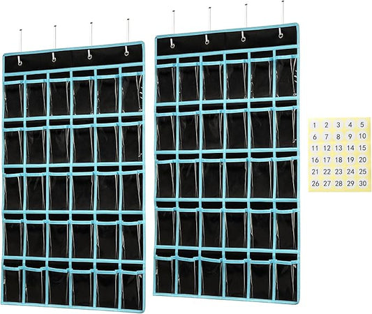 KEEPJOY Classroom Pocket Chart Organizer,Cell Phones Calculator Holder for Classroom with 30 Clear Pockets and Number Sticker Size 33.5x 24.5 Inch (2pack-black)
