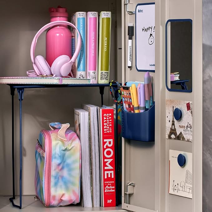 LockerMate 7-Piece Locker Organizer Kit, Includes Locker Shelf, Mirror, Whiteboard, Storage Cup & Dry Erase Marker, Blue