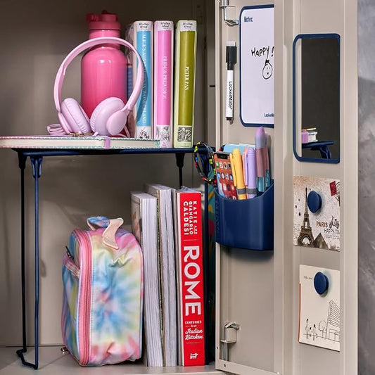 LockerMate 7-Piece Locker Organizer Kit, Includes Locker Shelf, Mirror, Whiteboard, Storage Cup & Dry Erase Marker, Blue