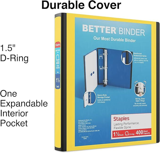 Staples 827605 1.5-Inch D-Ring Better Binder Yellow (19060)
