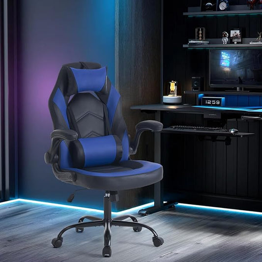 DUMOS Ergonomic Gaming Office Desk Chair with Flip-up Armrests for Adults, Height Adjustable PU Leather Video Game Computer Chair with 360° Rolling Wheels for Home and Office, Royal Blue