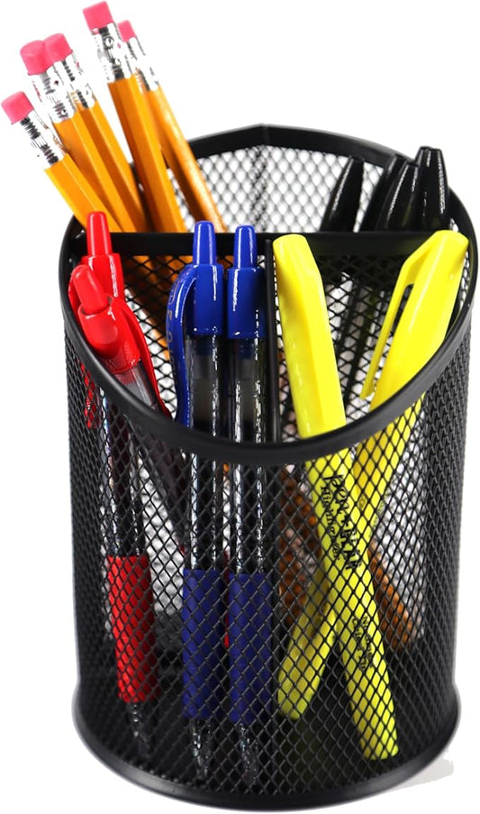 Huron Black Minimalist 3-Compartment Metal Mesh Pen and Pencil Holder Desk Organizer
