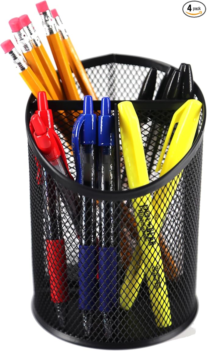 Huron Desktop 3 Compartment Round 5-3/4" Metal Mesh Pen and Pencil Holder Desk Organizer Pen Cup Pencil Cup for Desk Office Pen Organizer (1/4/24/96) (4 pc)