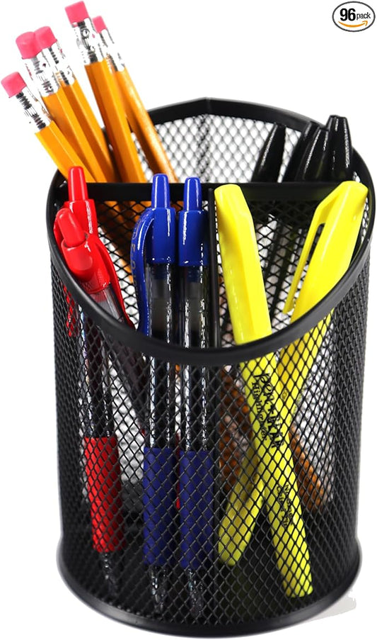 Huron Desktop 3 Compartment Round 5-3/4" Metal Mesh Pen and Pencil Cup Holder Desk Organizer (1/4/24/96) (96 pc)