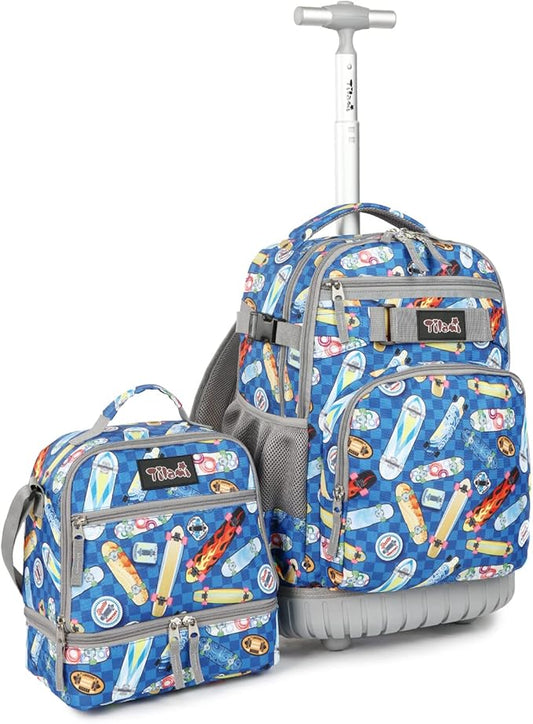 Tilami Rolling Backpack 19 inch with Lunch Bag Wheeled Laptop Backpack, Skateborad